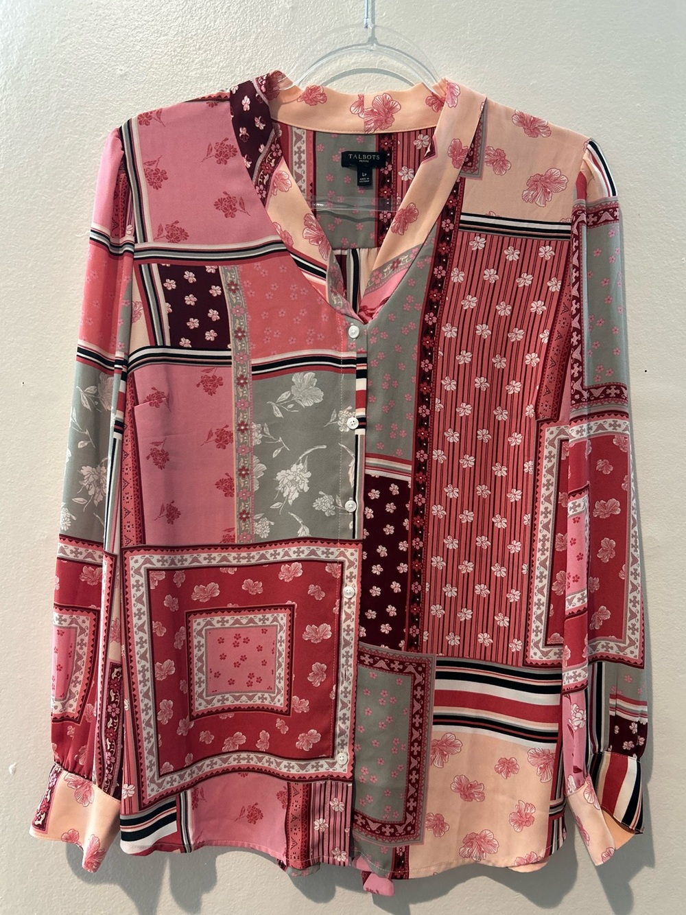 Talbots Petite Patchwork Scarf Print Blouse Pink Floral Button Front Long Sleeve
